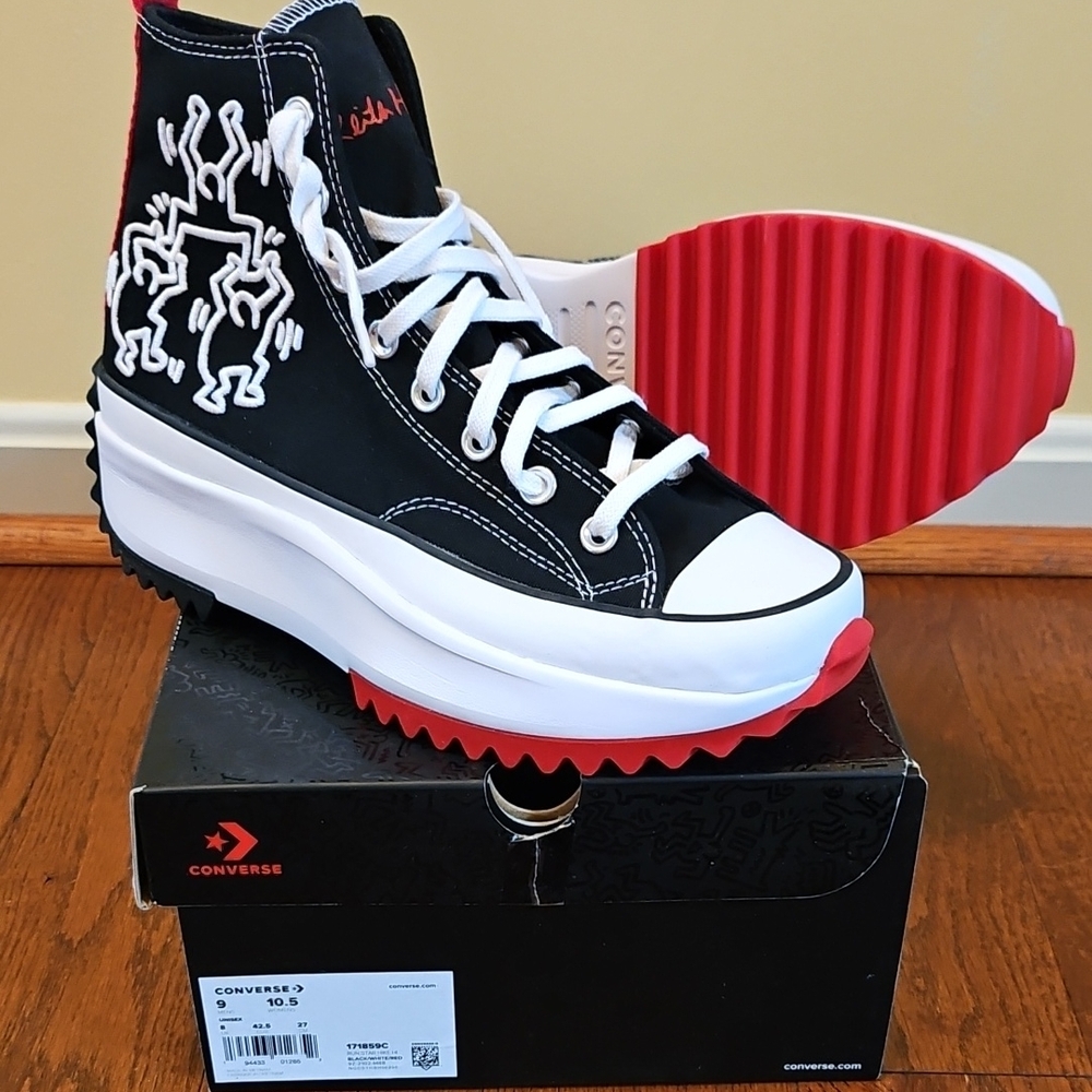 Converse Run Star Hike × Keith Haring Black and White High-Tops Shoes